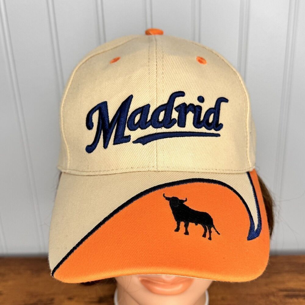 MADRID Bull Spain Flag Embroidered Orange Beige Trucker Hat Adjustable Sz 7